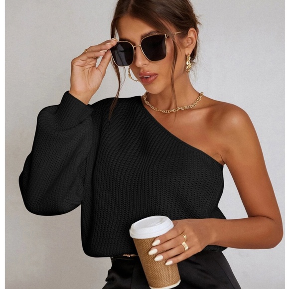 Rouge! Sweaters - Cable Knit Black One Shoulder Lantern Sleeve Sweater Pullover Long Sleeve
